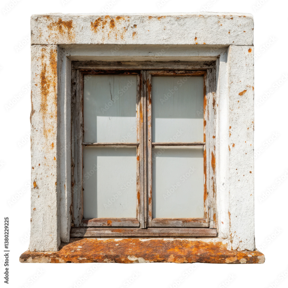 Old window frame with peeling paint and rust