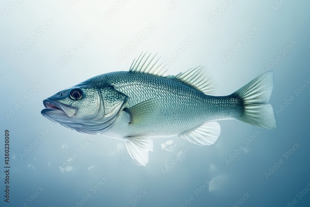 A solitary fish swims in an aquatic environment with light A solitary fish swims in an aquatic environment with light