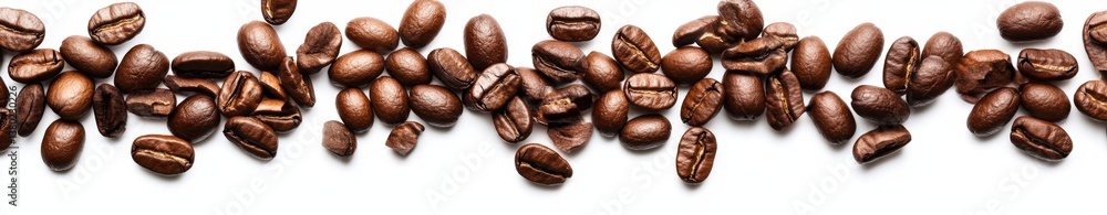 A beautifully arranged row of coffee beans displayed on a white background A beautifully arranged row of coffee beans displayed on a white background