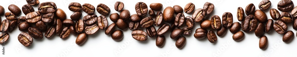 Fototapeta premium A beautifully arranged row of coffee beans displayed on a white background