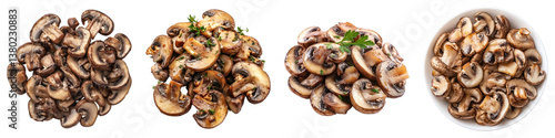 Roasted sliced mushroom isolated on transparent background. PNG ,Set of