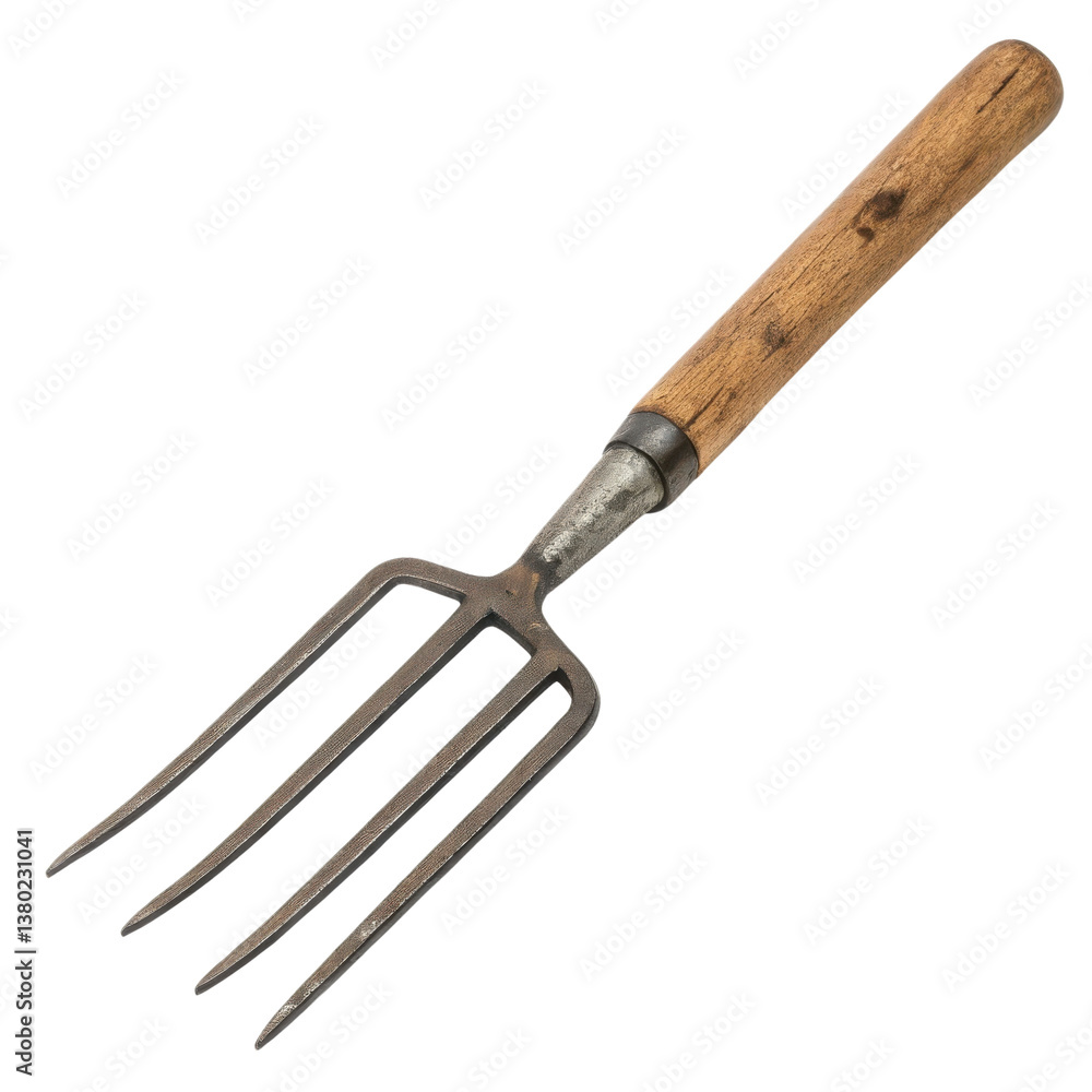 Fototapeta premium Garden fork tool with wooden handle, ideal for digging and aerating soil in gardens