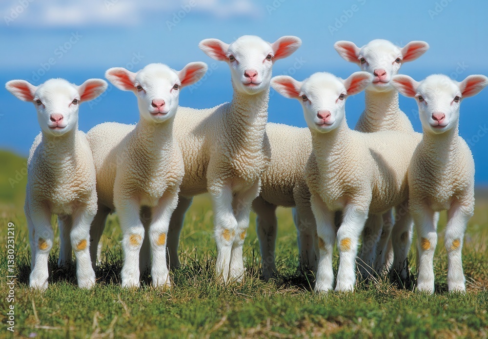 Obraz premium A herd of sheep in a grassy field looking at the camera