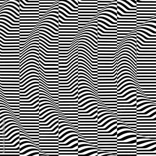 3D wavy pattern with optical illusion. Glitch abstract background. Distortion effect, bug and error. Black and white design. Vector for brochure, poster, presentation, cover, flyer or banner.