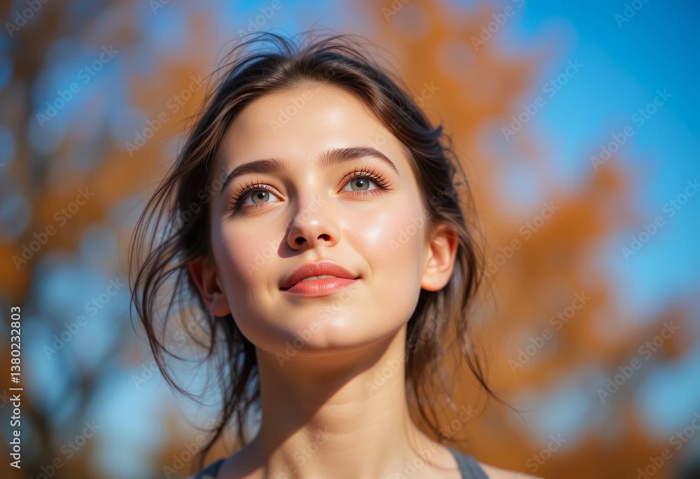 Fototapeta premium A young woman gazes softly into the distance, bathed in golden sunlight. 