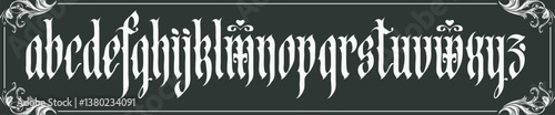 Gothic font. Full set of English alphabet shabby letters in vintage style. Medieval Latin letters. Vector calligraphy and lettering, and frame with elegant exquisite graceful ornate pattern and decor