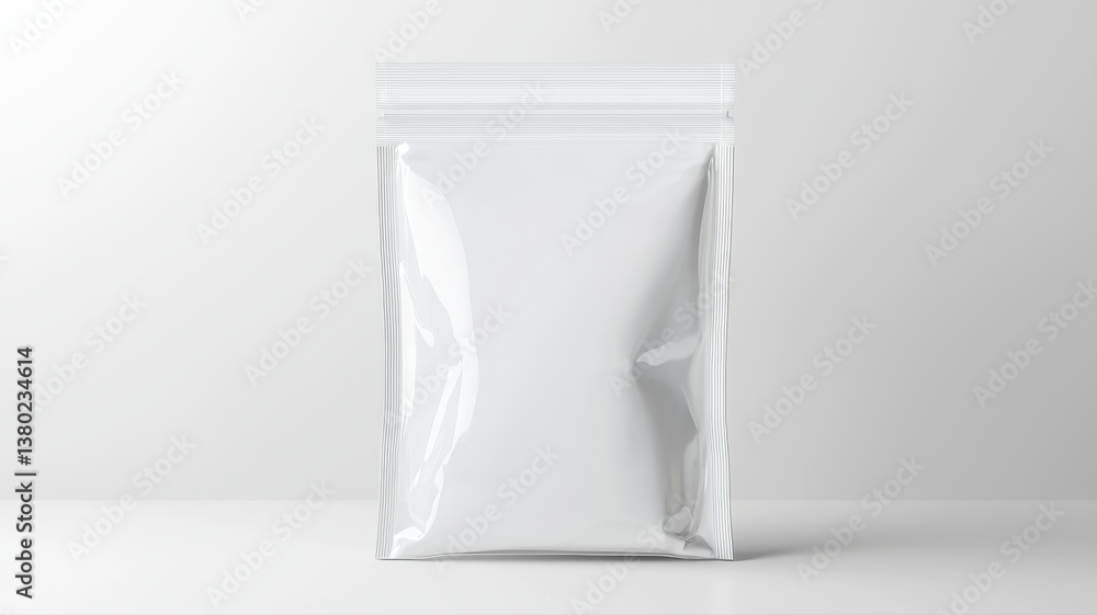 Minimalistic white packaging pouch on simple background for product presentation. Minimalistic white packaging pouch on simple background for product presentation.