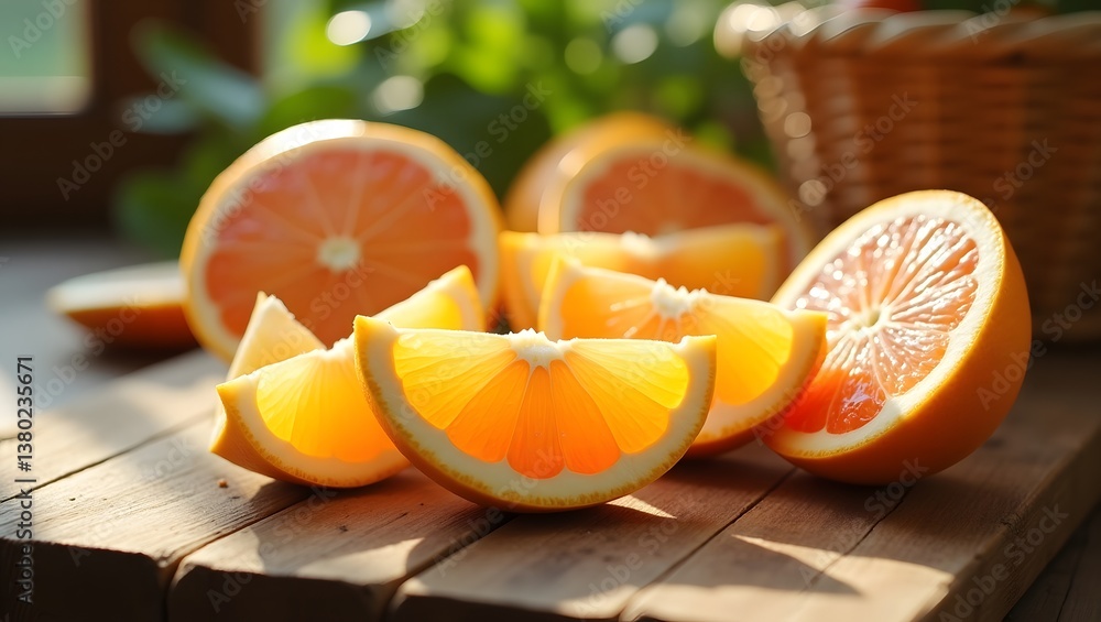 Juicy Orange Slices on Wooden Table in Sunlight