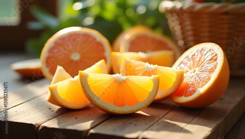 Obraz na płótnie Juicy Orange Slices on Wooden Table in Sunlight w salonie