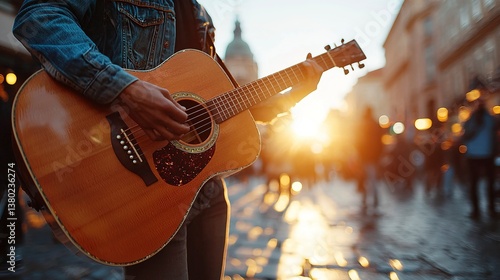 A street musician playing an acoustic guitar during a sunset