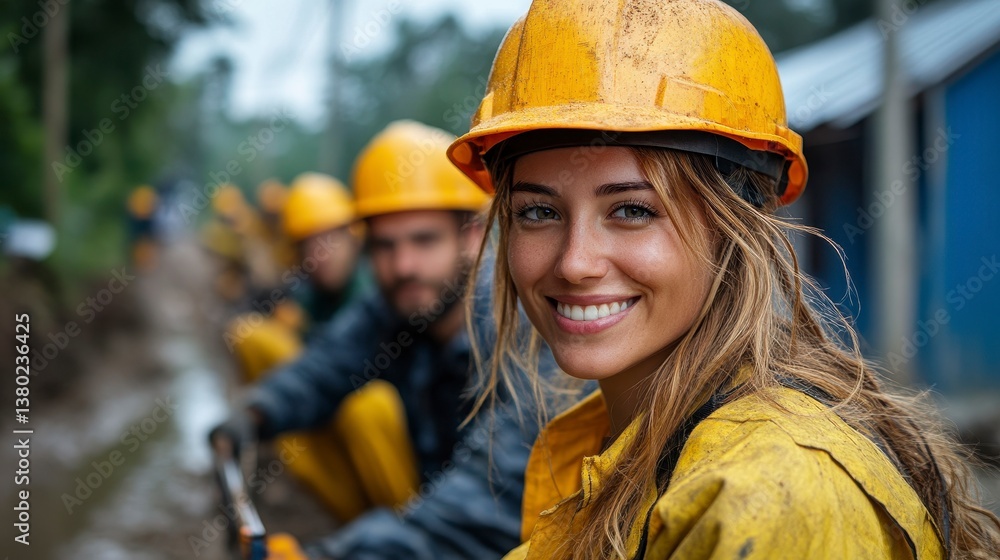 Smiling workers in yellow hard hats work on a muddy construction site