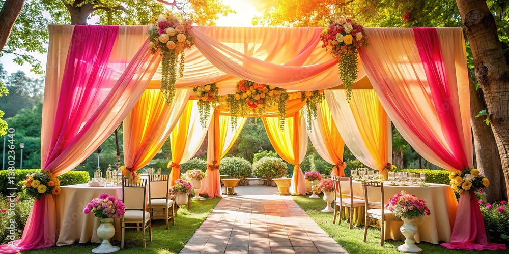 Fototapeta premium Romantic Outdoor Wedding Venue Decorated in Pink, Orange & Yellow Draping