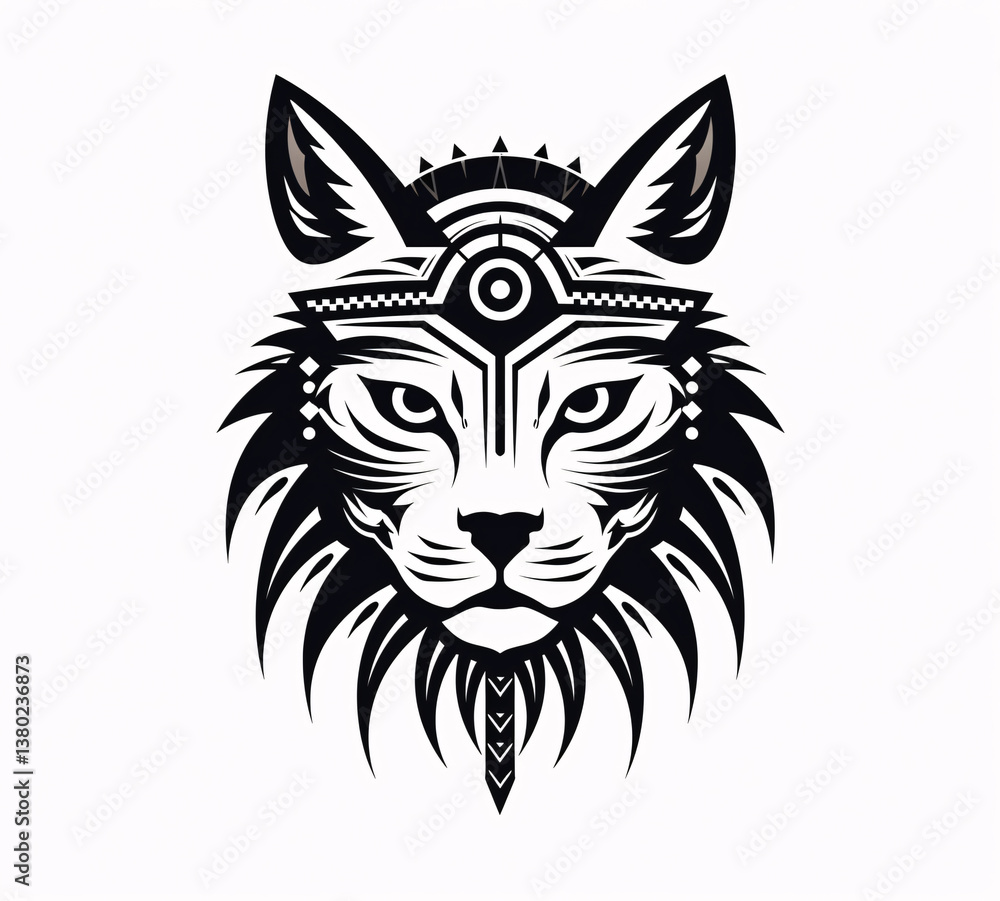Simple symbol or logo of a head of a lynx with an Indian headdress on its head. Decorative design, tattoo black and white. Simple symbol or logo of a head of a lynx with an Indian headdress on its head. Decorative design, tattoo black and white.