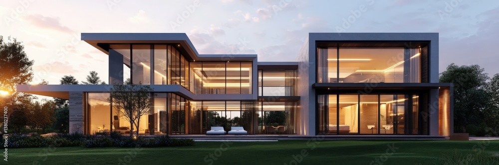 A modern house with many windows and trees in the background A modern house with many windows and trees in the background