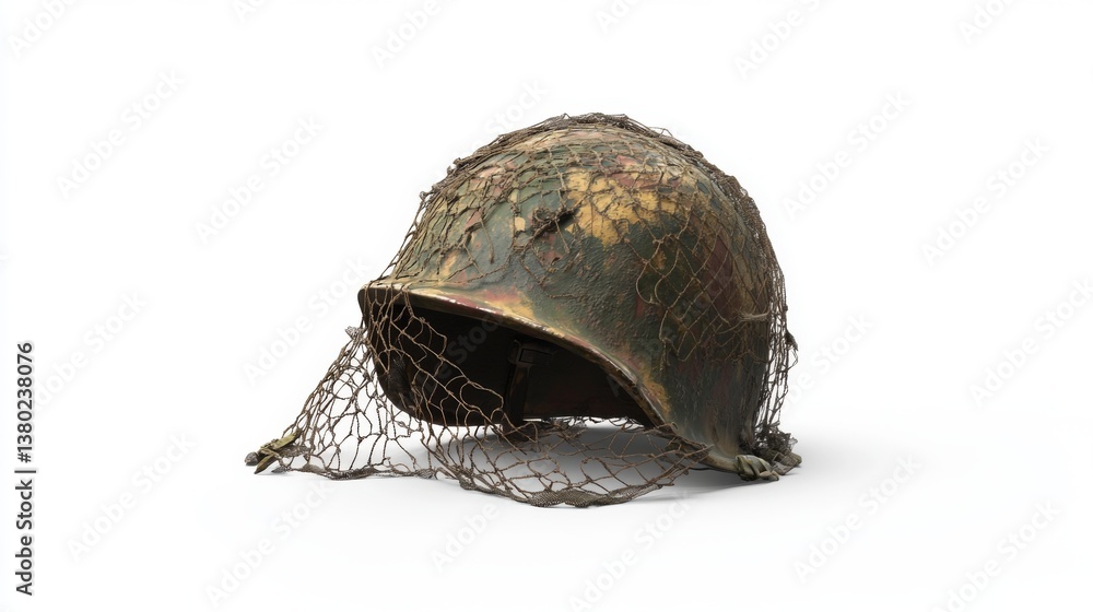 Fototapeta premium An aged military helmet sits on a table. This vintage piece tells stories of bravery and sacrifice. A unique collectible for history enthusiasts. Generative AI