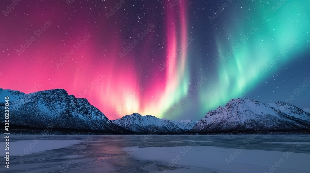 Naklejka premium A stunning display of the Northern Lights illuminates the night sky, with vibrant colors reflecting over a snowy mountain landscape.