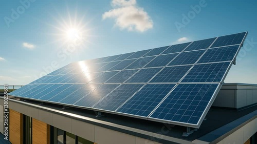 Wallpaper Mural Solar Energy Panels: Capturing renewable energy with solar panels on a rooftop, generating sustainable electricity under a radiant blue sky, highlighting a commitment to green technology. Torontodigital.ca