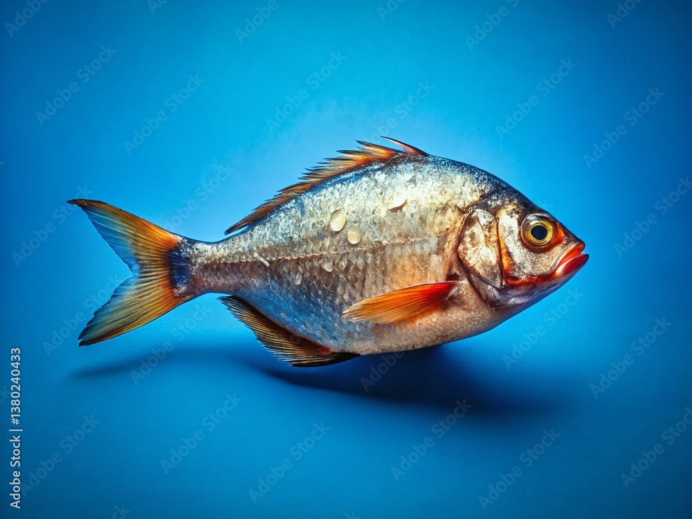 Fototapeta premium Dried Bream Fish Close-Up, Salty River Fish Top View, Blue Background, Copy Space
