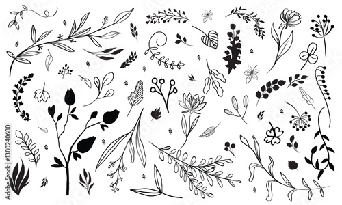 Hand drawn seamless pattern with leaves, branch. Vector wedding, natural, rustic paper on white background.