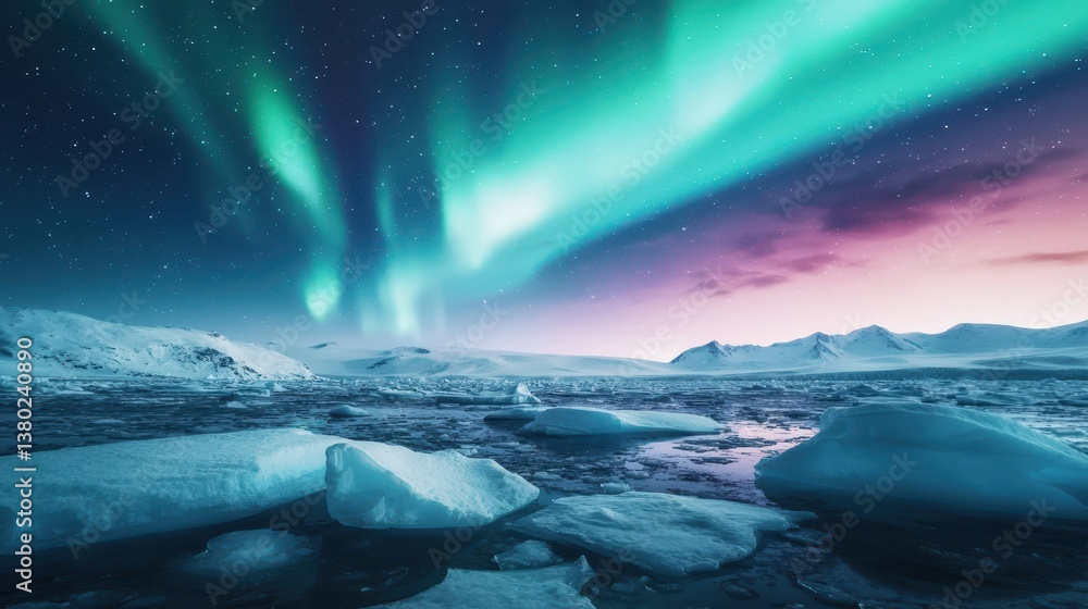 Naklejka premium A stunning display of the Northern Lights illuminates the night sky over icy landscapes, reflecting on water and creating a serene, magical atmosphere.