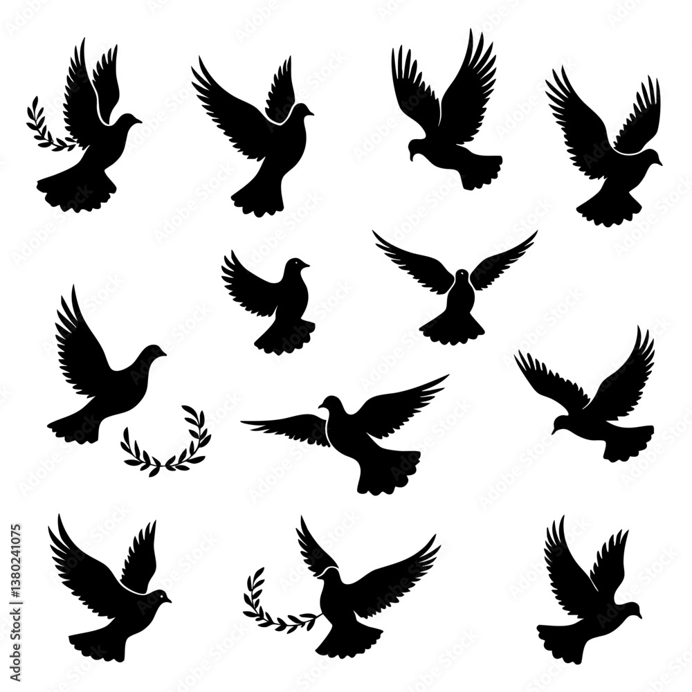 Obraz premium Vector collection of peaceful doves with olive branches, simple and classic design isolated on white background 