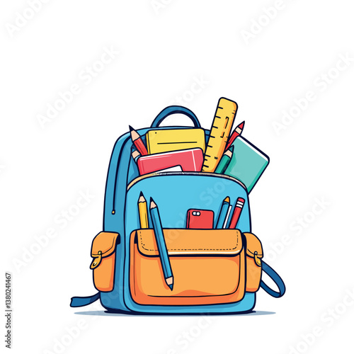 School backpack overflowing with colorful supplies for studying