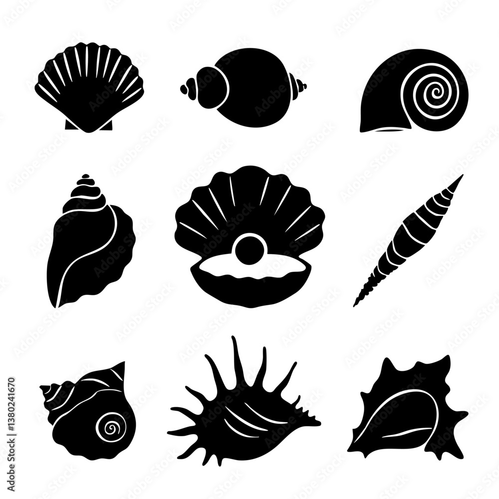 Vector silhouette collection of sea shells and pearl shell isolated on white background Vector silhouette collection of sea shells and pearl shell isolated on white background