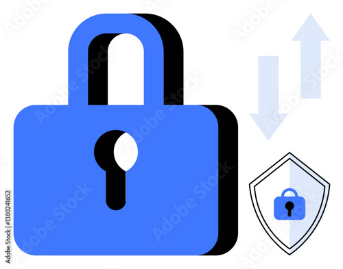 Blue padlock with keyhole, arrows symbolize data movement, shield icon with a smaller padlock for extra security. Ideal for cybersecurity, data protection, secure networks, privacy, encryption