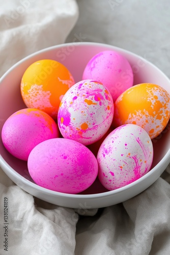 A bowl of eggs with pink and orange paint on them. The eggs are arranged in a way that they look like they are in a row