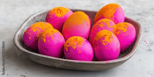 A bowl of pink and orange eggs with a sprinkle of powder on top. The eggs are arranged in a neat row, and the bowl is placed on a white surface. Concept of celebration and festivity