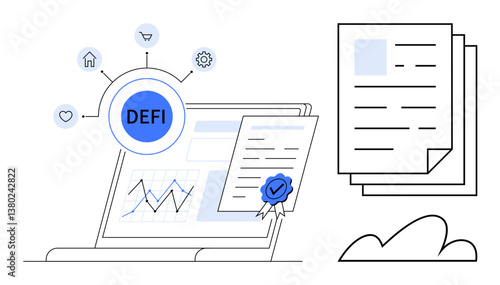 Laptop displaying decentralized finance data, charts, and verified digital contracts. Connected icons emphasize financial services. Ideal for blockchain, finance, contracts, technology, investment
