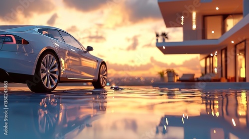 A modern car parked next to a luxurious waterside residence