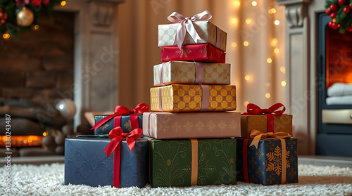 Elegant Christmas Gift Tower with Velvet Ribbons Embossed Paper and Fireplace Ambiance