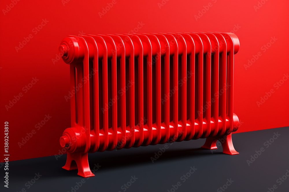 A red radiator against a warm-toned background, symbolizing heat, energy consumption, and home heating costs. household expenses, and energy efficiency