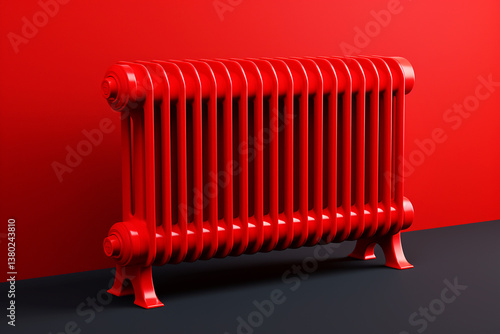 Obraz na płótnie A red radiator against a warm-toned background, symbolizing heat, energy consumption, and home heating costs. household expenses, and energy efficiency w salonie