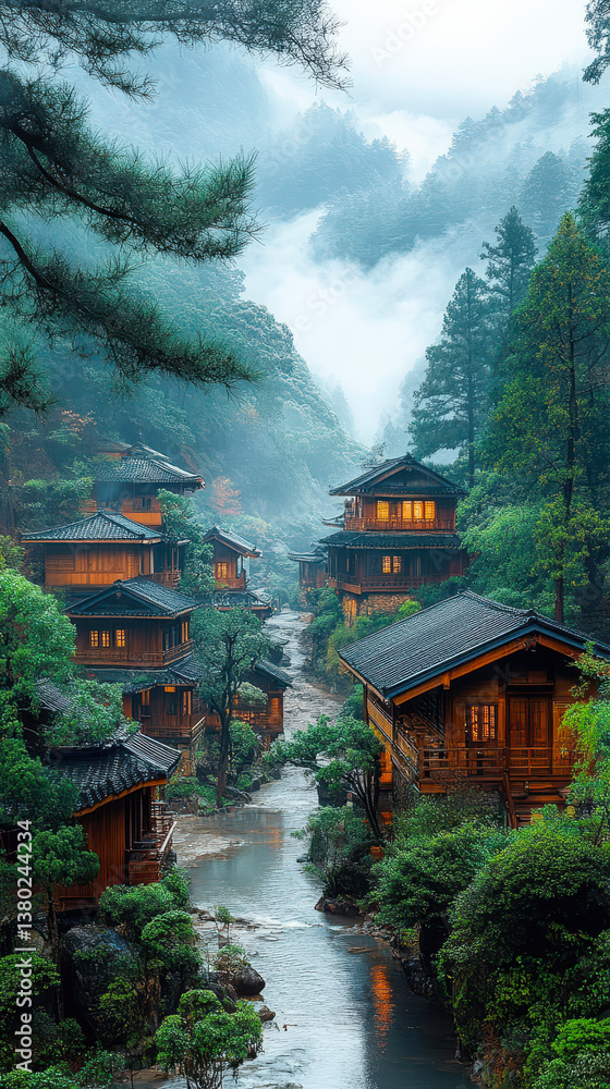 Serene Japanese Mountain Retreat with Wooden Homes Amidst Lush Pines and Scenic Landscape Serene Japanese Mountain Retreat with Wooden Homes Amidst Lush Pines and Scenic Landscape