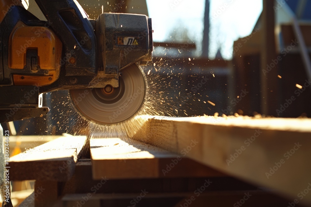 Power saw cutting wooden planks in outdoor workshop at sunset Generative AI Power saw cutting wooden planks in outdoor workshop at sunset Generative AI
