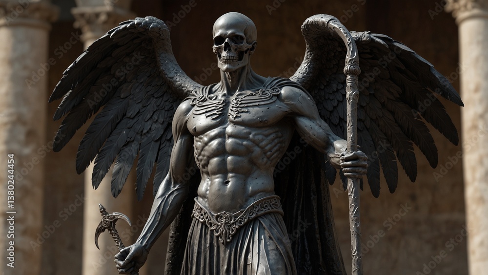 Fototapeta premium A sculpture of Thanatos, the god of death, spreading his dark wings while holding a silver scythe, awaiting the arrival of souls
