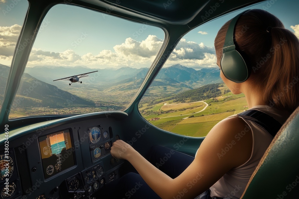 Fototapeta premium Pilot navigating a small aircraft over scenic mountain landscape during daytime