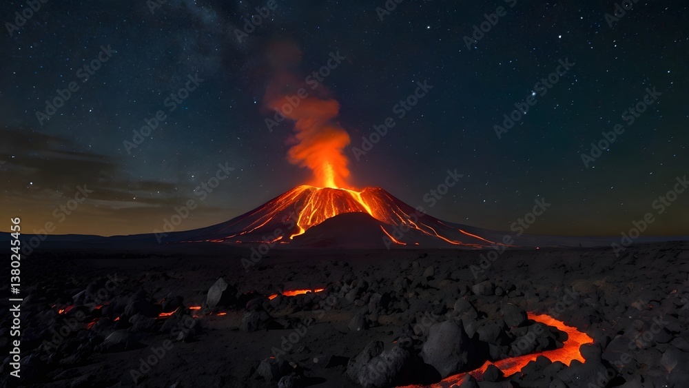 Erupting Volcano at Night Starry Sky Lava Flow