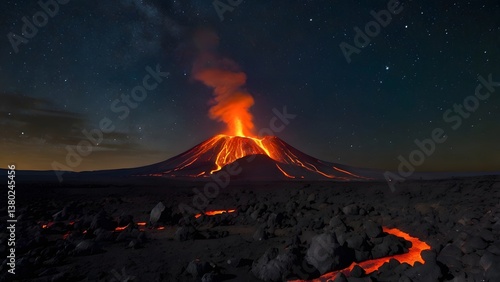 Obraz na płótnie Erupting Volcano at Night Starry Sky Lava Flow w salonie