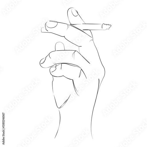 One continuous line art drawing flat illustration hand, cigarette, finger, person, addiction, smoke, nicotine, arm. Isolated image hand draw outline on white background