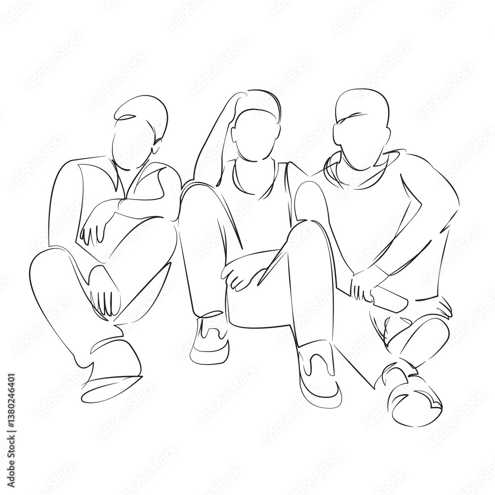 One continuous line art drawing flat illustration sitting, lifestyle, friendship, teenage, togetherness, bonding, friends. Isolated image hand draw outline on white background One continuous line art drawing flat illustration sitting, lifestyle, friendship, teenage, togetherness, bonding, friends. Isolated image hand draw outline on white background