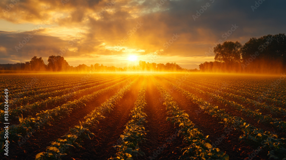 Obraz premium Golden Vegetable Crop Field at Sunset with Irrigation System in Alberta Landscape