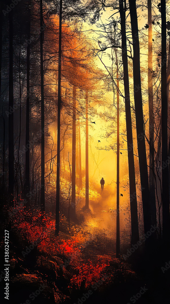 Obraz premium Mysterious Autumn Forest with Mist and Golden Light: Spooky Woodland Illustration