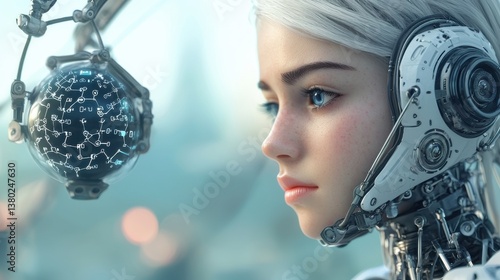 Cybernetic Serenity:  A captivating cybernetic woman, with silver hair and ethereal blue eyes, gazes with a calm, contemplative expression, while mechanical components subtly frame her features.