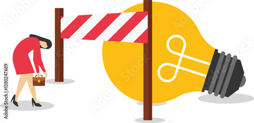 A man is blocked by a fence towards an idea lamp, illustration for lack of ideas.

