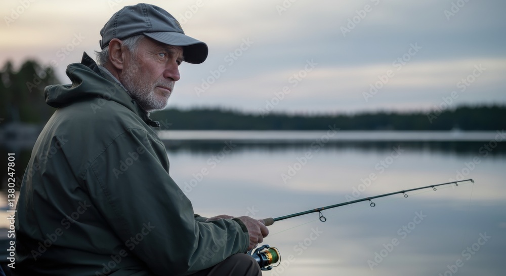 Elderly caucasian male fishing by serene lake at dusk Elderly caucasian male fishing by serene lake at dusk