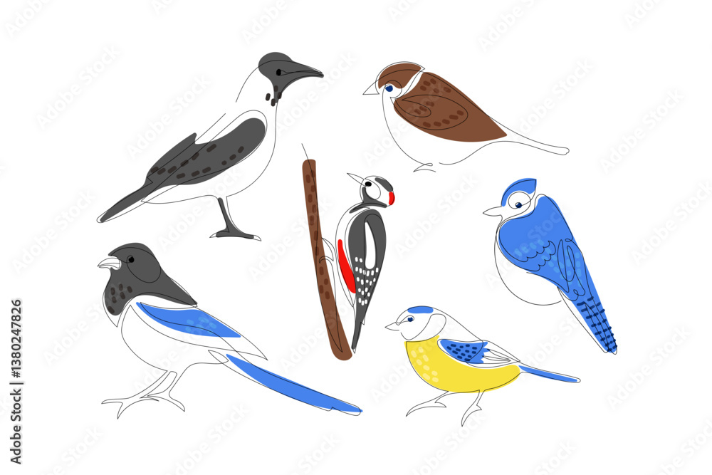 Fototapeta premium Bird line drawing set. One continuous line drawing birds with color spots, Hand Drawn Cute Birds Vector sketch icons. Set of ink drawing birds. Urban and forest birds. Black and White Design elements