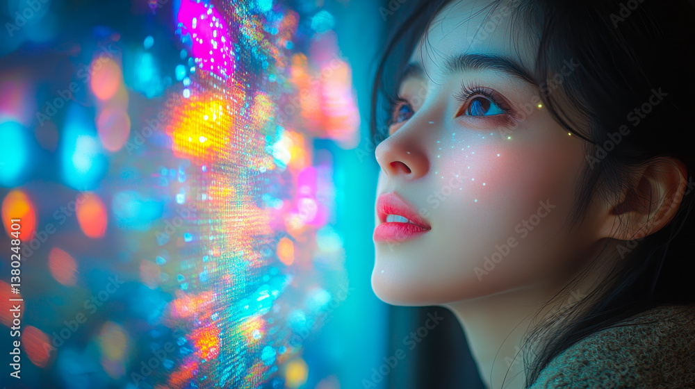 Woman Enchanted by Vibrant Technology Screen Display in Captivating Close-Up Woman Enchanted by Vibrant Technology Screen Display in Captivating Close-Up